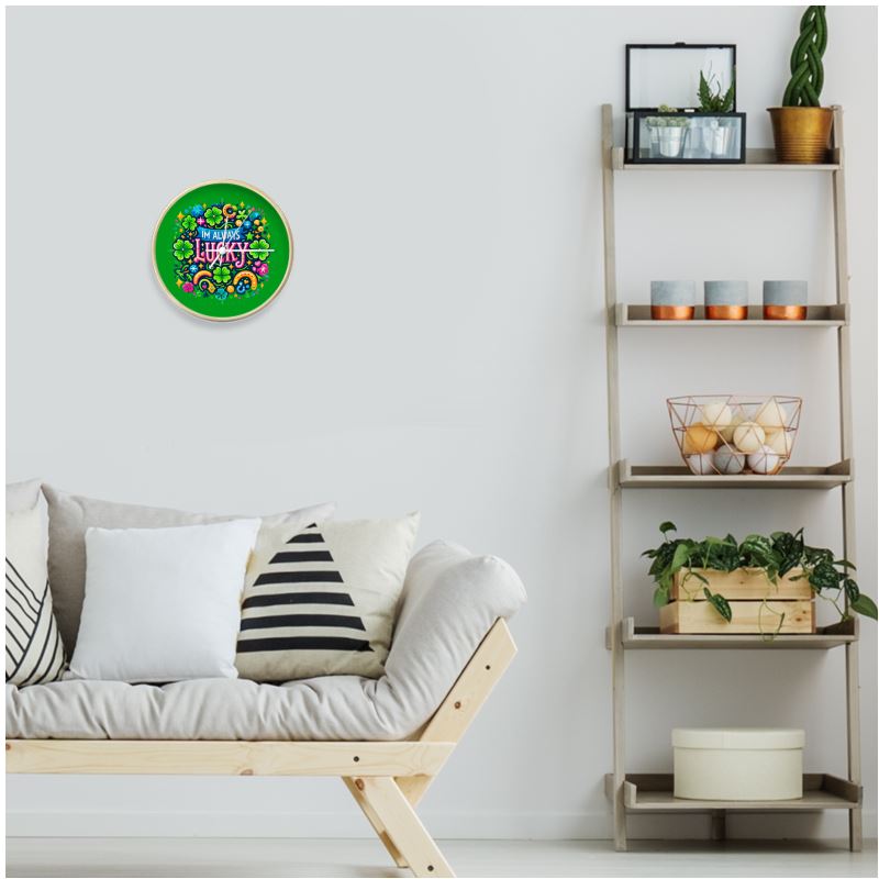 Natural white I’m Always Lucky wall clock by I Love Me Vibe featuring bold numerals and positive affirmation design.