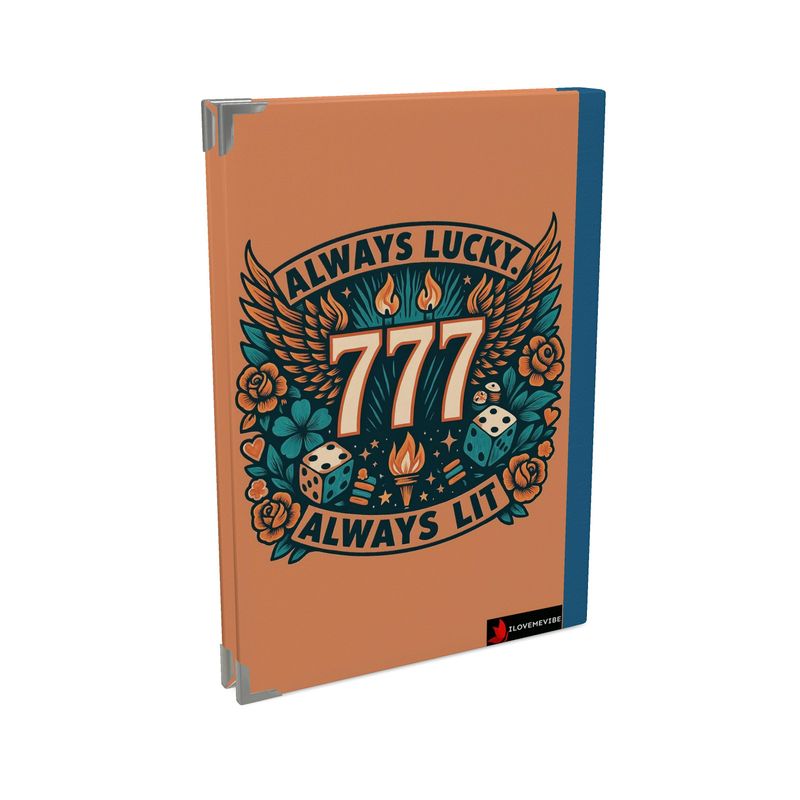 Black 2026 Deluxe Diary by I Love Me Vibe featuring "Always Lucky, Always Lit 777" design with angel number affirmations and manifestation prompts.