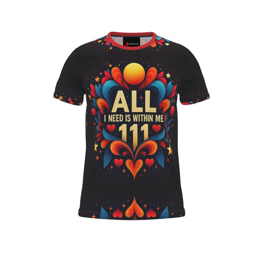 All I Need Is Within Me 111 men's motivational T-shirt by I Love Me Vibe, featuring all-over print on recycled poly jersey fabric.