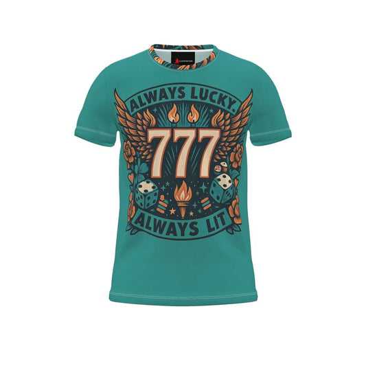 Men’s all-over print T-shirt by I Love Me Vibe featuring "Always Lucky Always Lit 777" motivational design on recycled poly jersey.