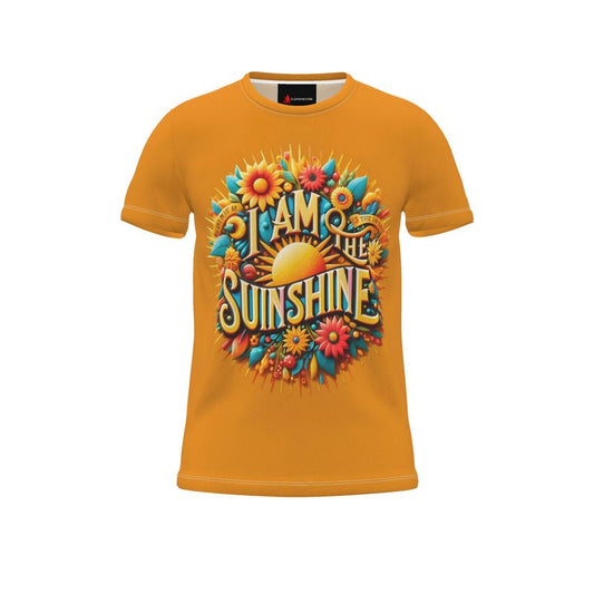 Men's I Am the Sunshine motivational T-shirt by I Love Me Vibe, all-over printed cut-and-sew recycled poly jersey, XS size.