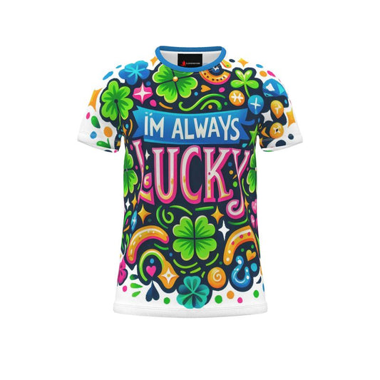 Men's I’m Always Lucky motivational T-shirt by I Love Me Vibe with all-over print, recycled poly jersey fabric, XS size.