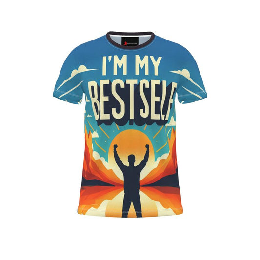All-over print men's T-shirt by I Love Me Vibe featuring motivational "I'm My Best Self" design in recycled poly jersey fabric.