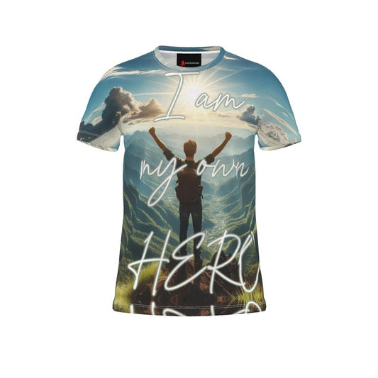 All-over print men's T-shirt by I Love Me Vibe featuring motivational "I'm My Own Hero" design on recycled poly jersey fabric.
