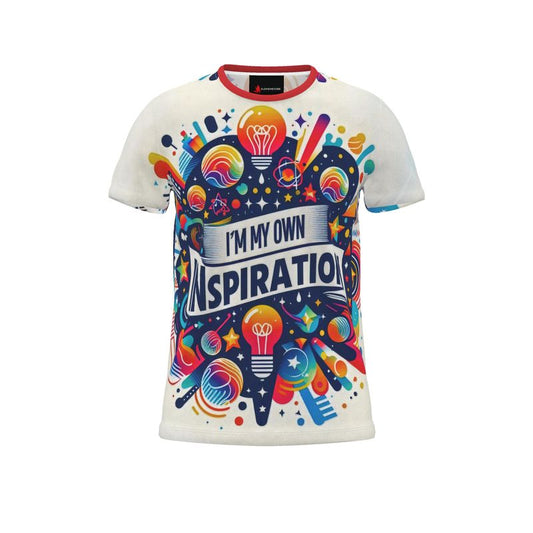 Men's all-over print T-shirt by I Love Me Vibe featuring motivational "I'm My Own Inspiration" design, recycled polyester jersey fabric.