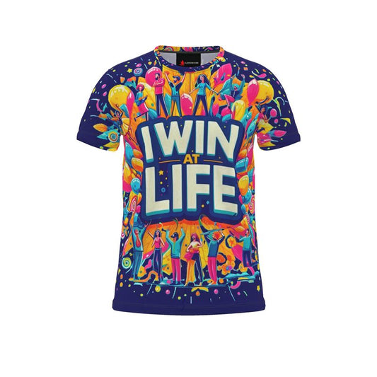 Men's I Win at Life motivational T-shirt by I Love Me Vibe, all-over print, recycled poly jersey, casual lifestyle wear.