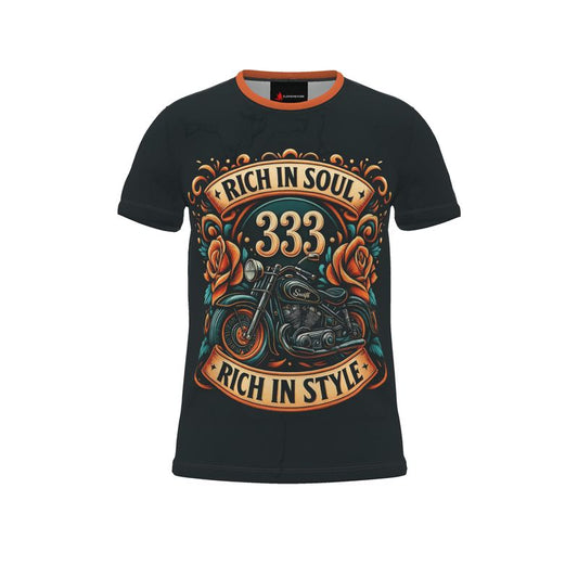 Men’s all-over print T-shirt by I Love Me Vibe featuring “Rich in Soul, Rich in Style 333” angelic number affirmation design.