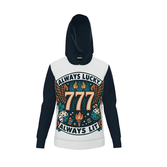Always Lucky Always Lit 777 women's hoodie by I Love Me Vibe, featuring a zip-up design, motivational slogan, and cozy loopback jersey fabric.
