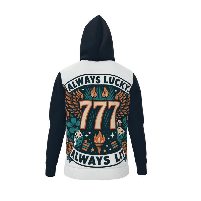 Always Lucky Always Lit 777 women's hoodie by I Love Me Vibe, featuring unisex zip-up design and motivational slogan on loopback jersey fabric.