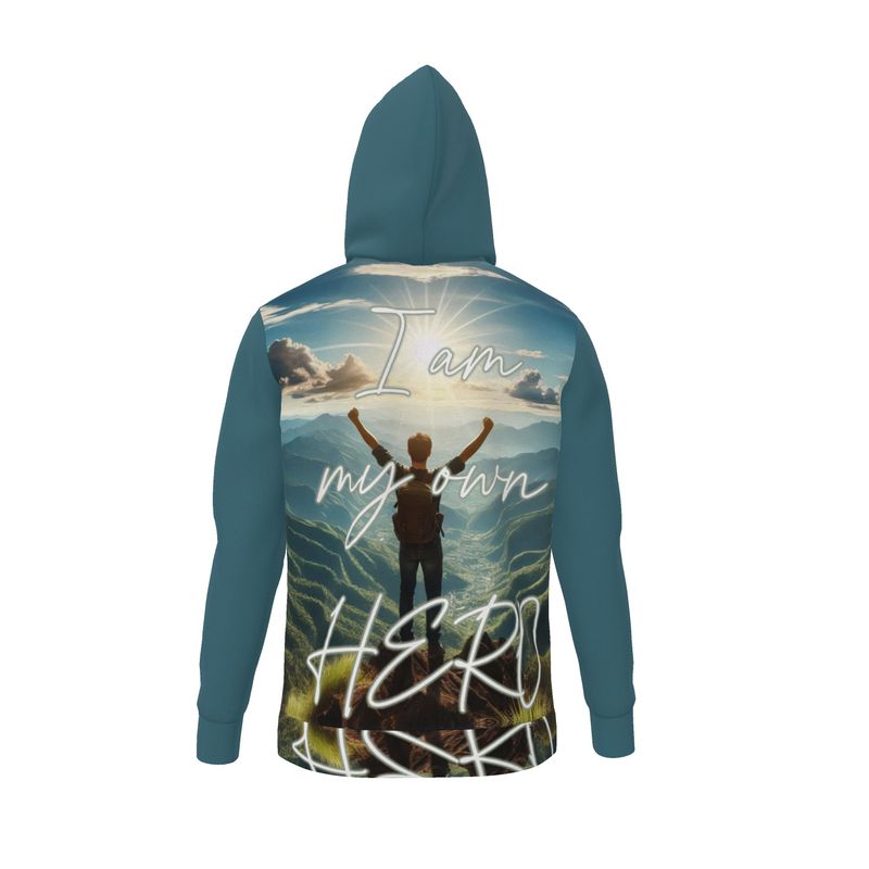 I Love Me Vibe men's hoodie with "I Am My Own Hero" slogan, zip-up style, loopback jersey fabric, self-empowerment affirmation.