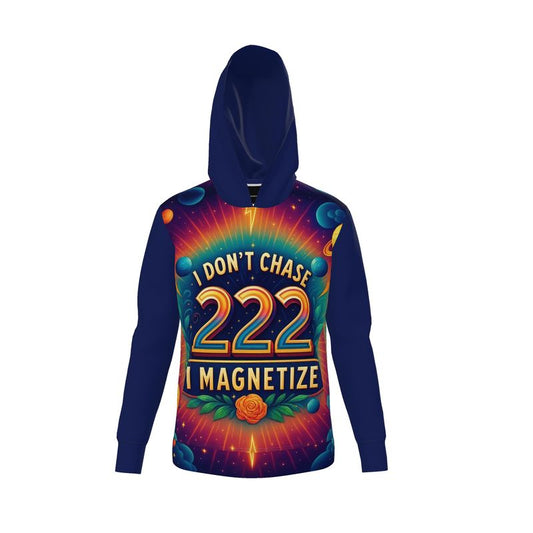 Light grey I Love Me Vibe hoodie with zipper, displaying "I Don’t Chase, I Magnetize" slogan, made from loopback jersey fabric.