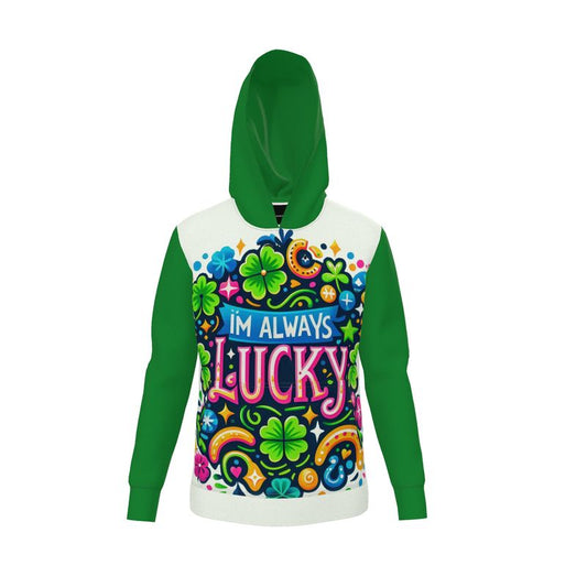 I Love Me Vibe I’m Always Lucky women's hoodie with positive affirmation, zipper front, loopback jersey for self-love and confidence.