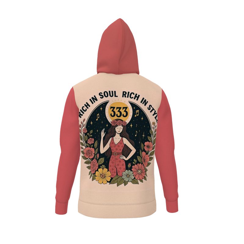 I Love Me Vibe Rich in Soul, Rich in Style 333 hoodie with zipper, loopback jersey fabric, featuring angel number 333 design.
