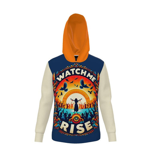 I Love Me Vibe Watch Me Rise men's hoodie with zipper, loopback jersey fabric, featuring empowerment and personal growth design.