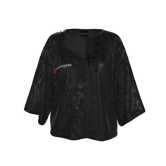 I Love Me Vibe kimono jacket in crushed velour fabric, showcasing its empowering, handmade design in a special edition style.