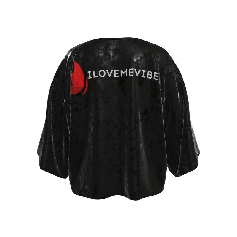 Handmade I Love Me Vibe kimono jacket in crushed velour, featuring an empowering design, perfect for a stylish, special edition look.