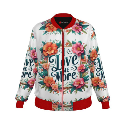 I Love Me More ladies bomber jacket in satin, stylish and empowering, featuring a sleek design and satin lining from I Love Me Vibe.