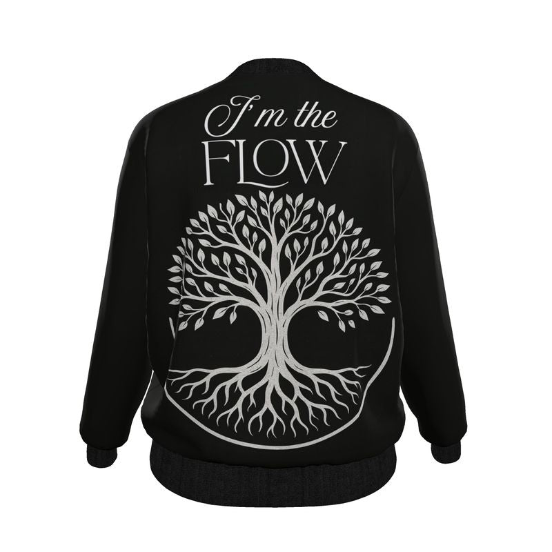 Women’s bomber jacket by I Love Me Vibe, satin outer with empowering affirmation “I’m The Flow,” stylish ladies bomber jacket.