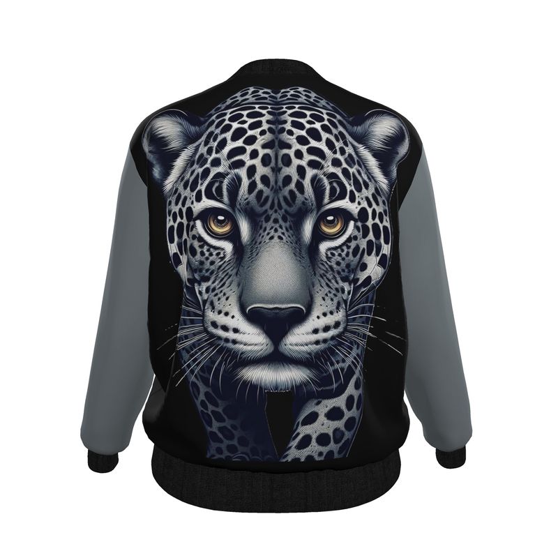 Walking Leopard women's bomber jacket by I Love Me Vibe, featuring satin outer and lining with bold leopard print design.