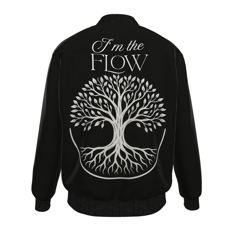I Love Me Vibe men's bomber jacket in satin with empowering affirmation "I'm The Flow" on the front, stylish and comfortable.