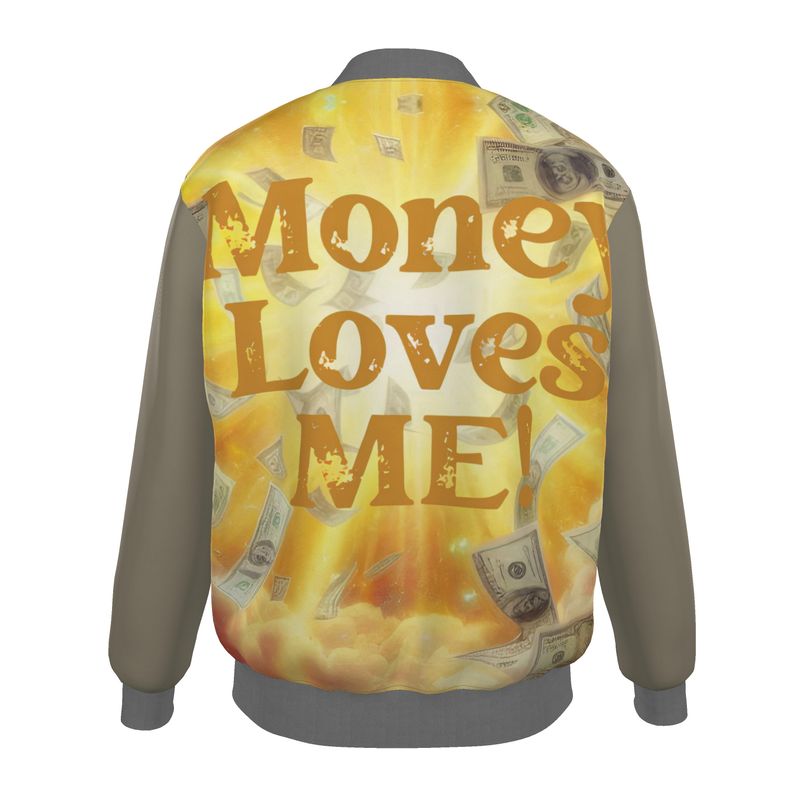 Men’s satin bomber jacket by I Love Me Vibe featuring "Money Loves Me" abundance affirmation design, streetwear style.