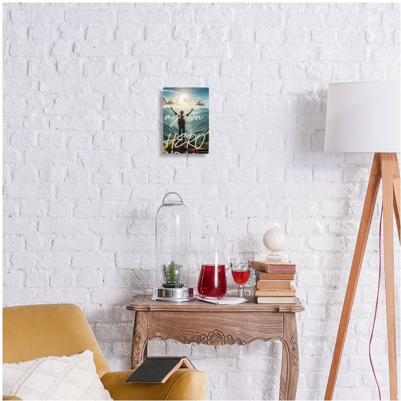 Self-empowerment metal print by I Love Me Vibe, featuring "I Am My Own Hero" affirmation, wall-mounted decor for courage and confidence.