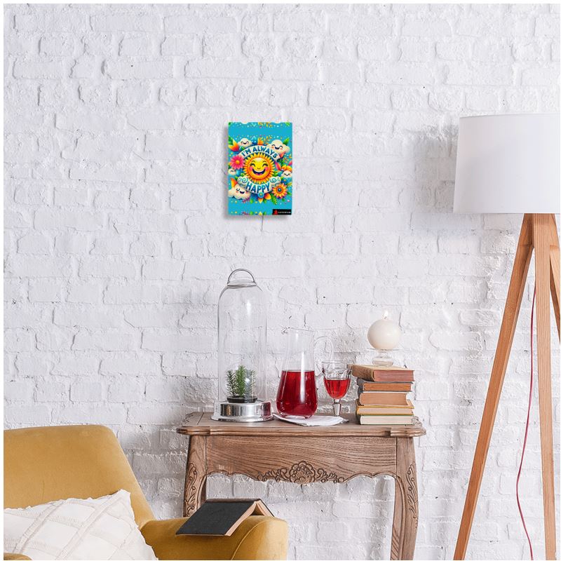 I Love Me Vibe metal print featuring "I'm Always Happy" positivity and joy affirmation decor, wall-mounted wall art.