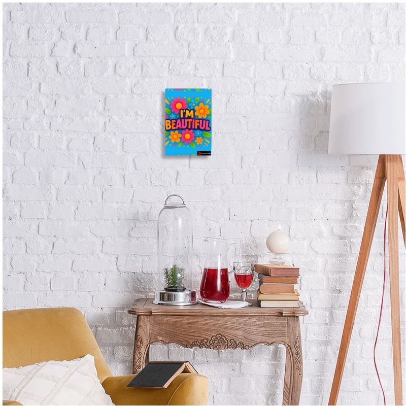 I Love Me Vibe metal print featuring self-love affirmation "I'm Beautiful" on wall-mounted metal art, 7x5 inches.