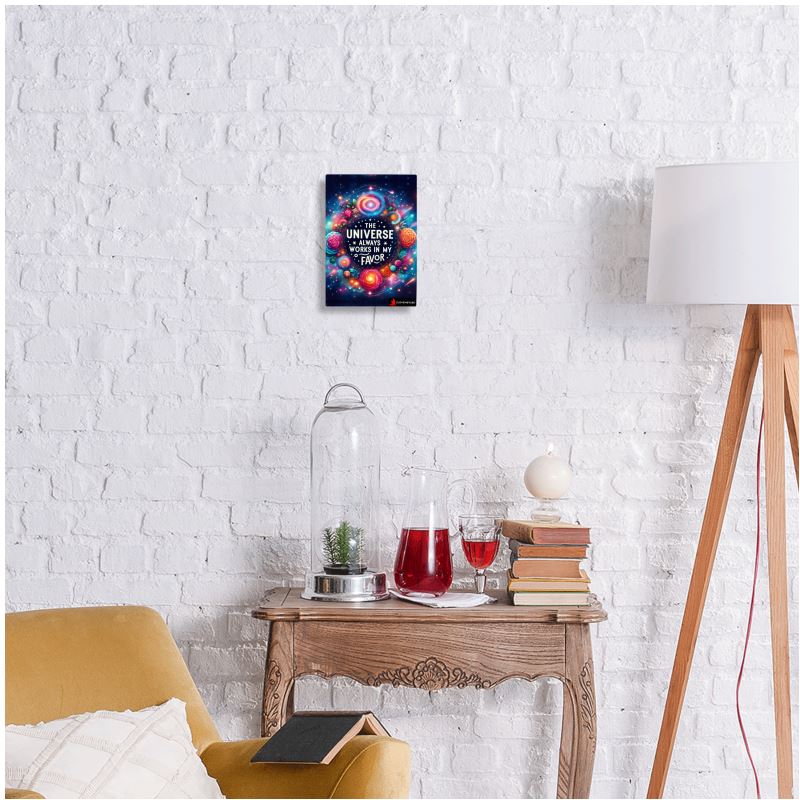 Metal print wall art featuring "The Universe Always Works in My Favor" affirmation, 7x5 inches, by I Love Me Vibe.