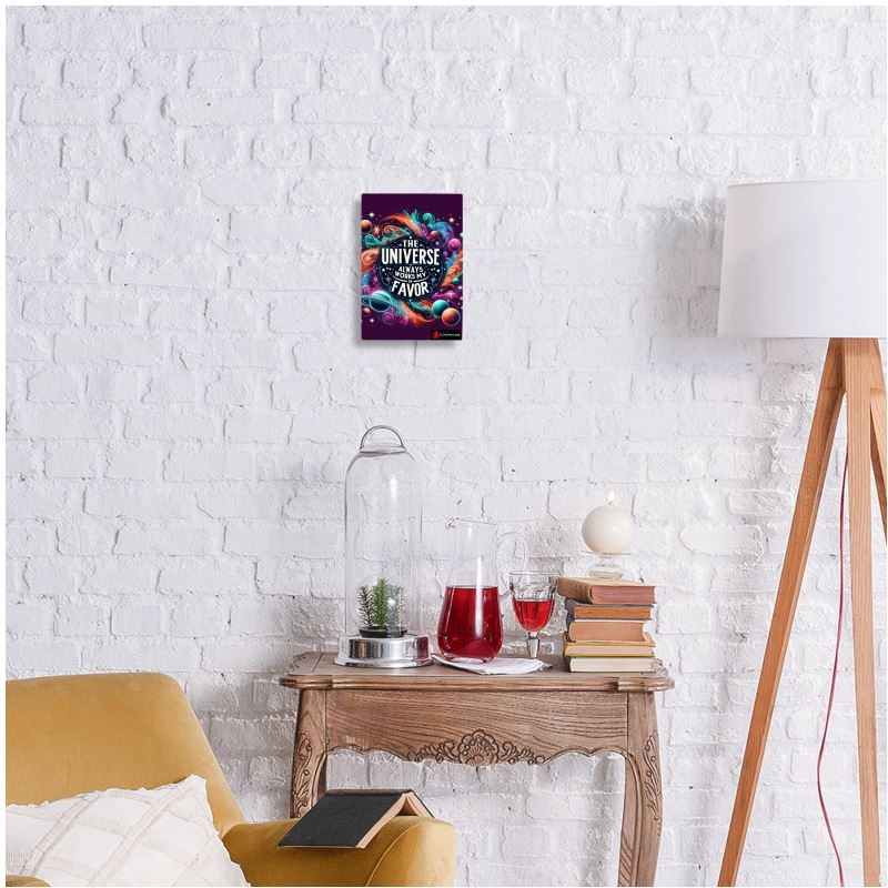 Metal print wall art featuring cosmic alignment and daily affirmation text, titled "The Universe Always Works in My Favour" by I Love Me Vibe.