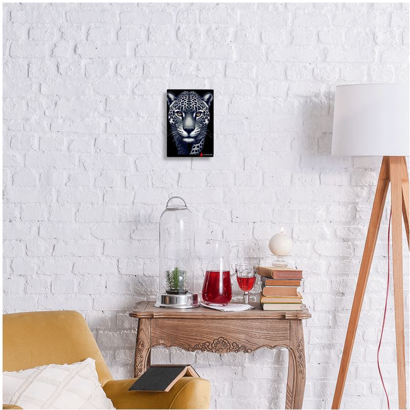 Walking leopard metal print wall art by I Love Me Vibe, symbolizing strength and confidence, mounted on wall.