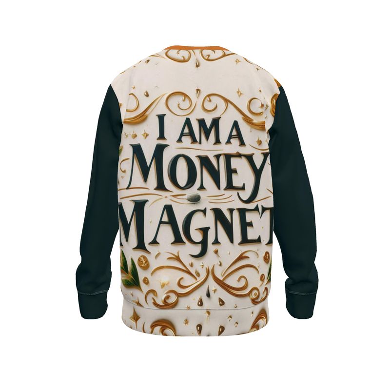 White I Love Me Vibe Men's Sweatshirt with "I Am a Money Magnet" design, made of soft loopback jersey fabric.