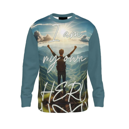 White I Love Me Vibe men's sweatshirt with "I’m My Own Hero" self-love affirmation, made from soft loopback jersey fabric.