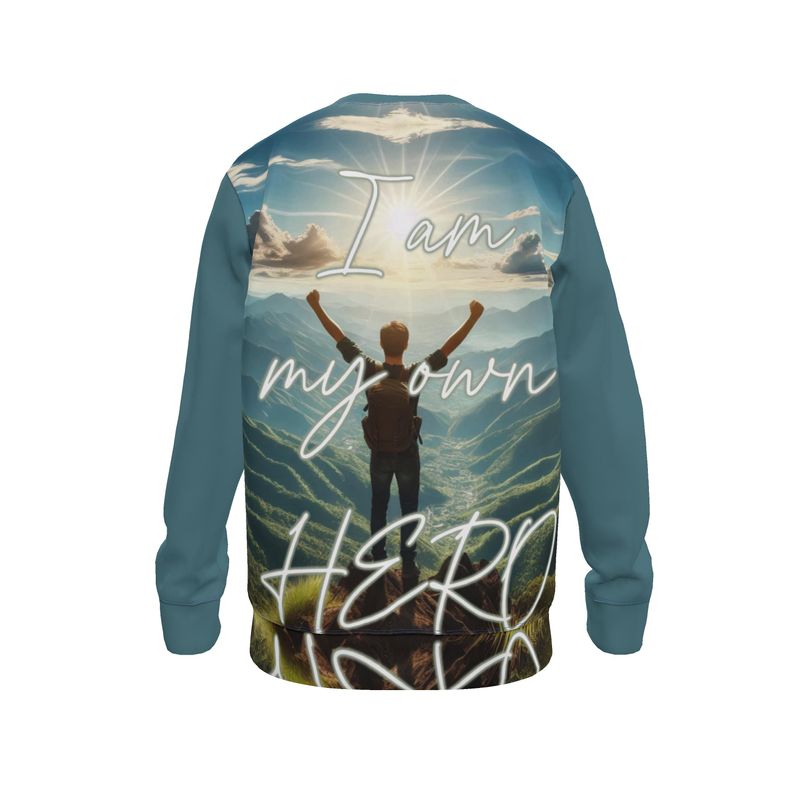 White I Love Me Vibe men's sweatshirt with "I'm My Own Hero" self-love affirmation, made from loopback jersey fabric.