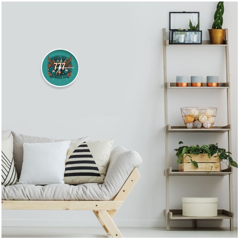 I Love Me Vibe Always Lucky Always Lit 777 wall clock with natural white numerals, angel number design, good fortune decor.