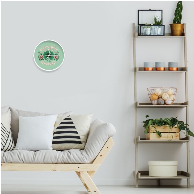 I Love Me Vibe wall clock with natural white numerals and "Always Lucky Always Lit" affirmation, perfect for good energy decor.