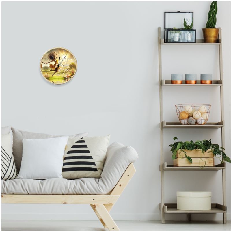 Natural white wall clock with black numerals, featuring "I Always Get the Best in Life" affirmation, from I Love Me Vibe.