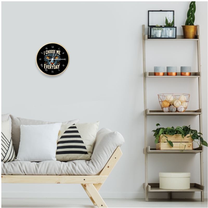 Natural white wall clock with black numerals and "I Choose Me Every Day" affirmation, self-love decor by I Love Me Vibe