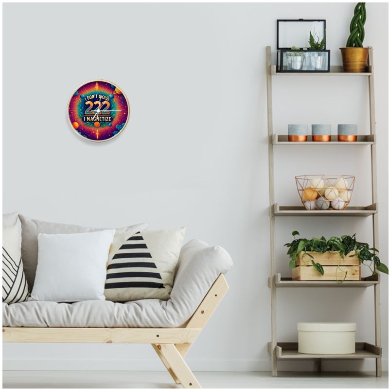 Natural white wall clock by I Love Me Vibe featuring black numerals and "I Don’t Chase I Magnetize 222" design, angel number decor.