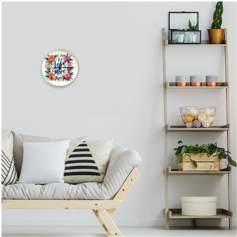 I Love Me More wall clock by I Love Me Vibe featuring natural white numerals and self-love affirmation home decor.
