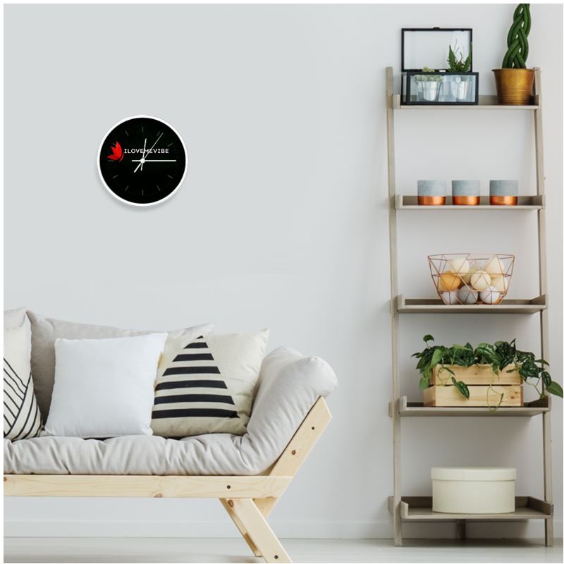 I Love Me Vibe Wall Clock with natural white background, black numerals, and self-love affirmations, ideal for high-vibration home décor.