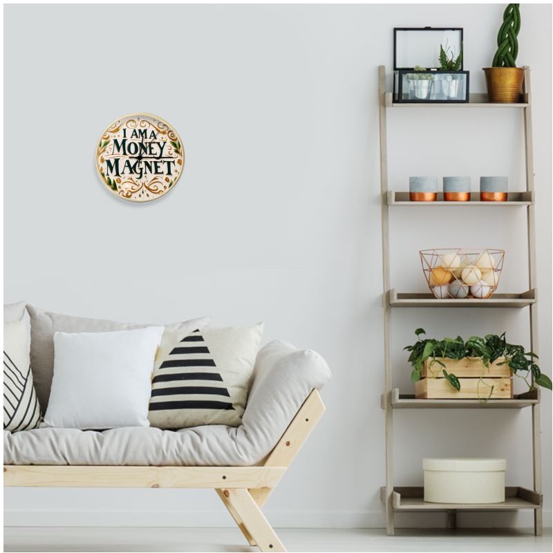 I Love Me Vibe Money Magnet Wall Clock with natural white numerals, 10-inch diameter, featuring abundance and prosperity affirmation design.