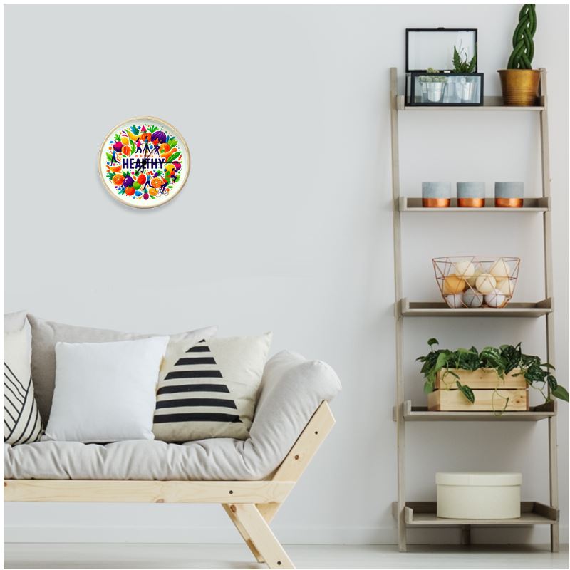 I Love Me Vibe wall clock with natural white face, black numerals, and "I’m Always Healthy" wellness affirmation decor.