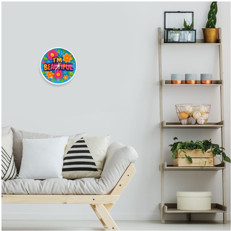 Natural white I’m Beautiful wall clock by I Love Me Vibe with bold numerals, promoting self-love and confidence.