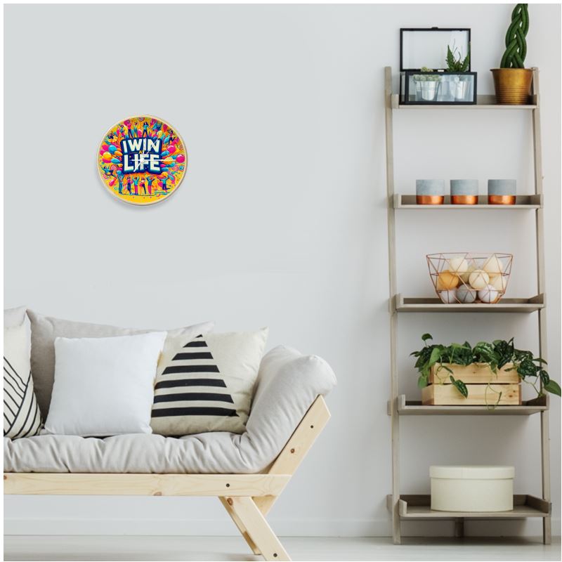 I Love Me Vibe wall clock with natural white finish and bold numerals featuring "I Win at Life" success and empowerment affirmation.