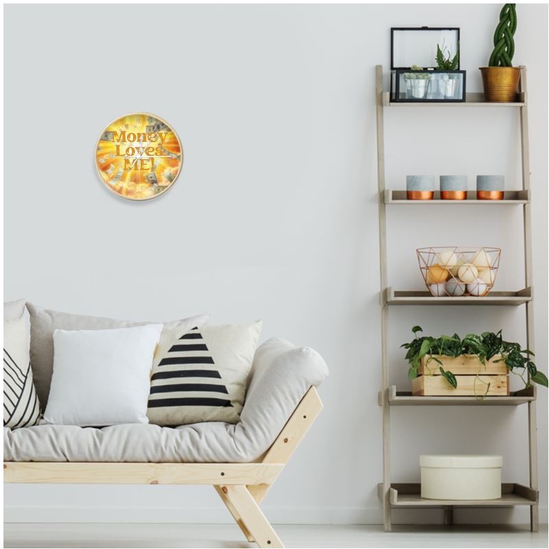 I love me vibe Money Loves Me Wall Clock with natural white face, black numerals, and affirmation decor for abundance and wealth.