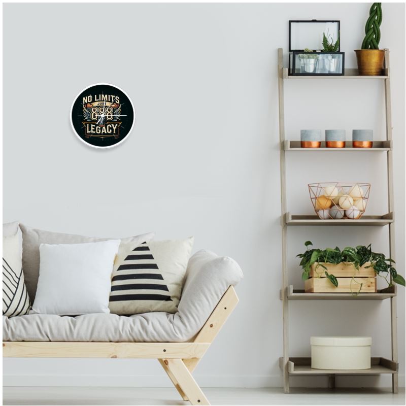 I Love Me Vibe No Limits Just Legacy 888 wall clock with natural white numerals, angel number abundance decor.