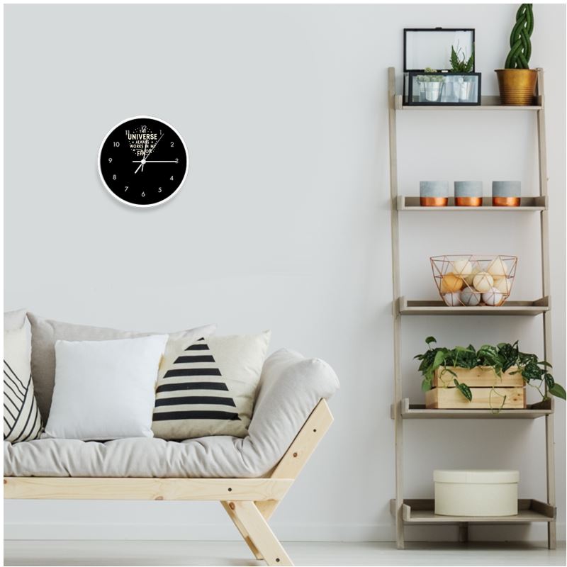 I Love Me Vibe wall clock with natural white face, black numerals, featuring "The universe always works in my favor" affirmation for manifestation.