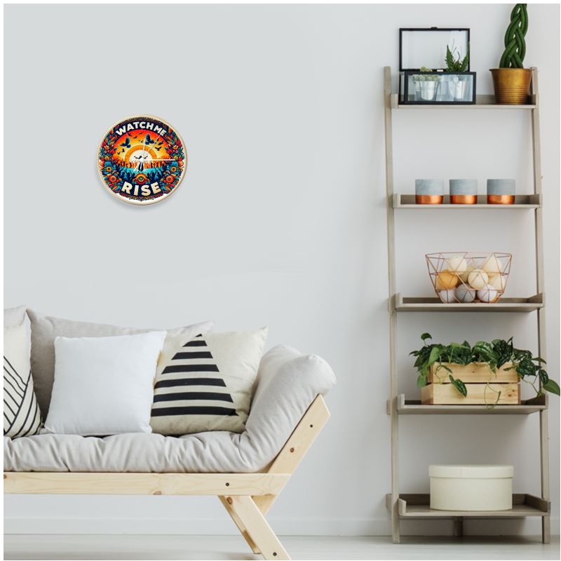 I Love Me Vibe Watch Me Rise wall clock with white numerals and natural wood finish, featuring empowerment and success affirmation design.
