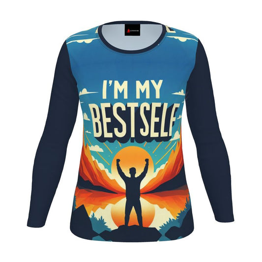 Women’s long sleeve shirt by I Love Me Vibe with "I’m My Best Self" affirmation, recycled polyester fabric, regular fit.